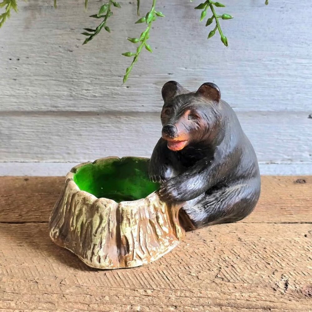 Rustic Vintage Ceramic Bear Log Tree Stump Tealight Candle Holder Cabin Decor
